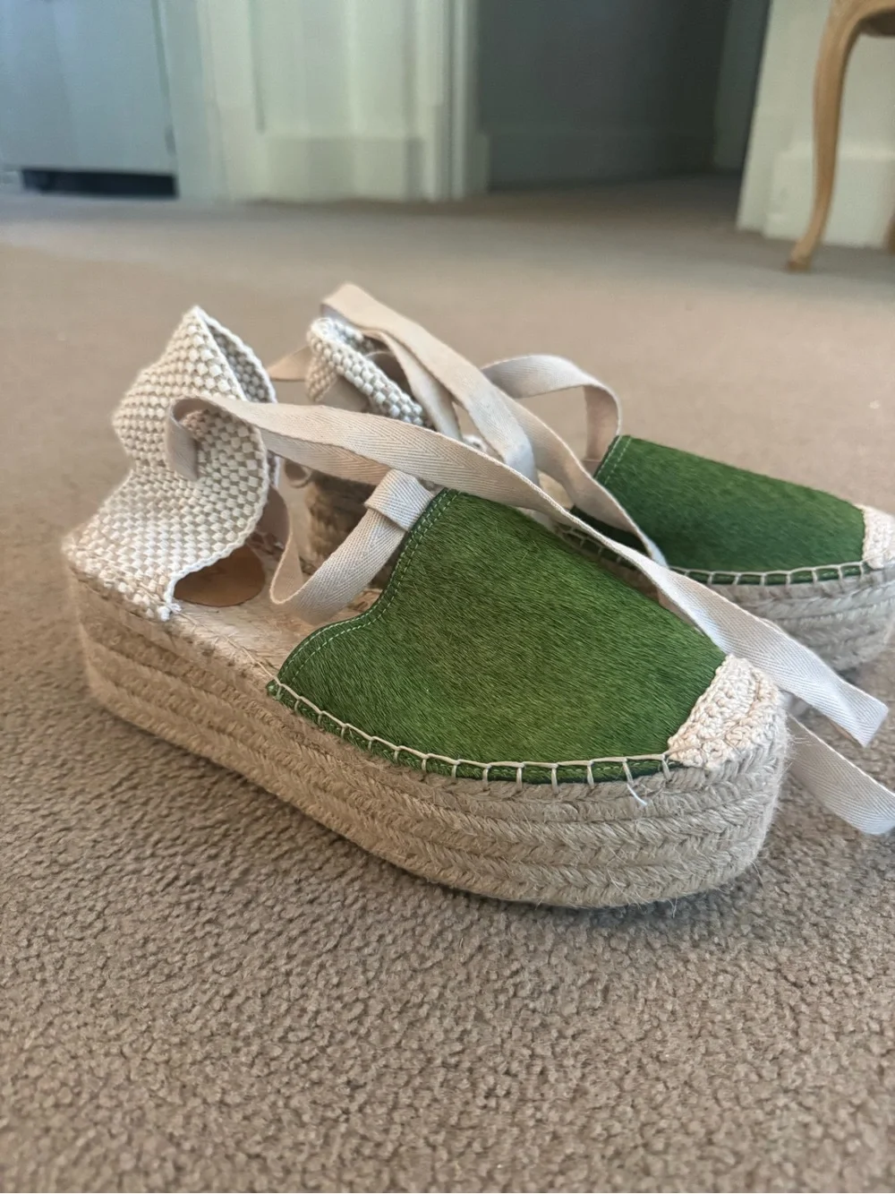 Womens Green Espadrille Platform Sandal with Ankle Tie